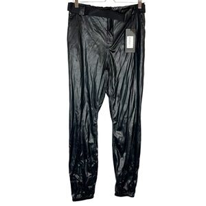 NWT American Bazi Los Angeles Black Faux Leather Joggers with Belt